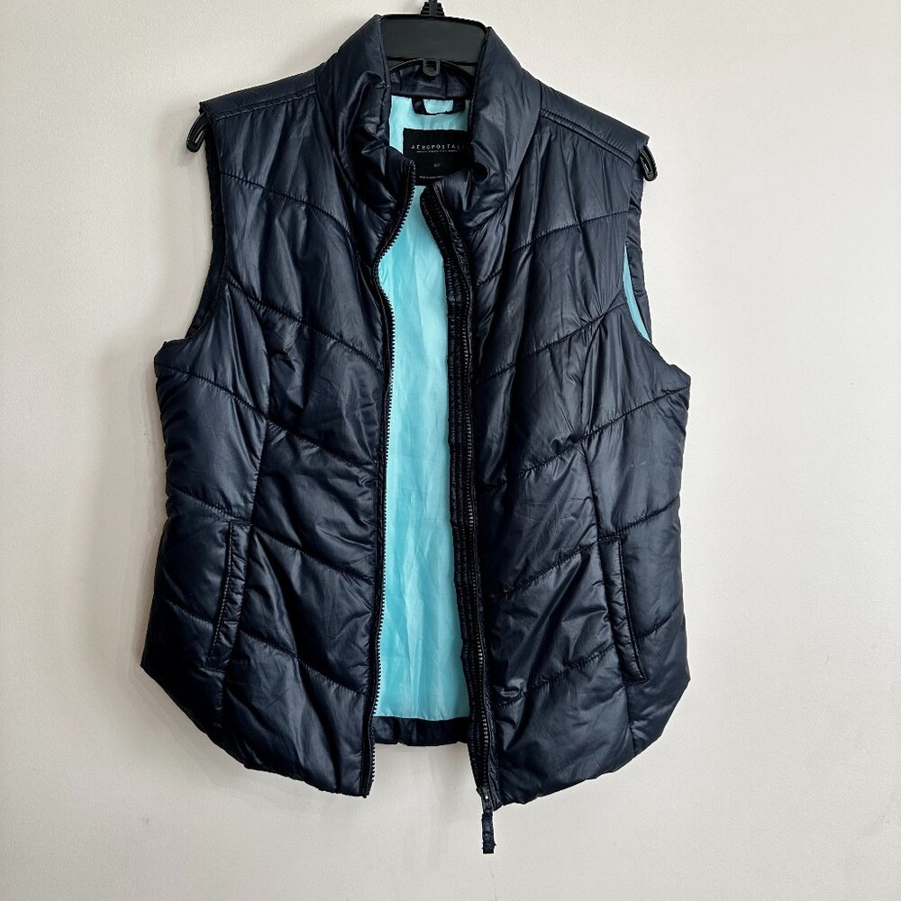 Aeropostale Navy Quilted Puffer Vest L Aqua Lined Lightweight Layering - Picture 2 of 9